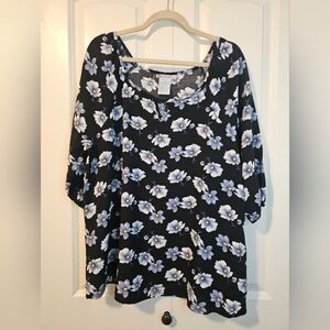 IB DIFFUSION Blouse Womens Floral Black, blue,White Top SZ 1X